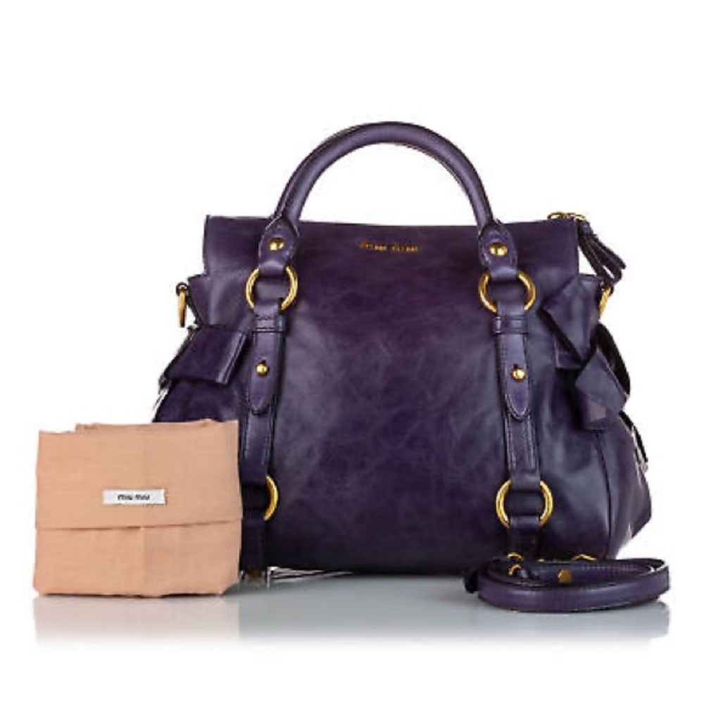Miu Miu Vitello Lux Bow Purple Calf Leather Satchel